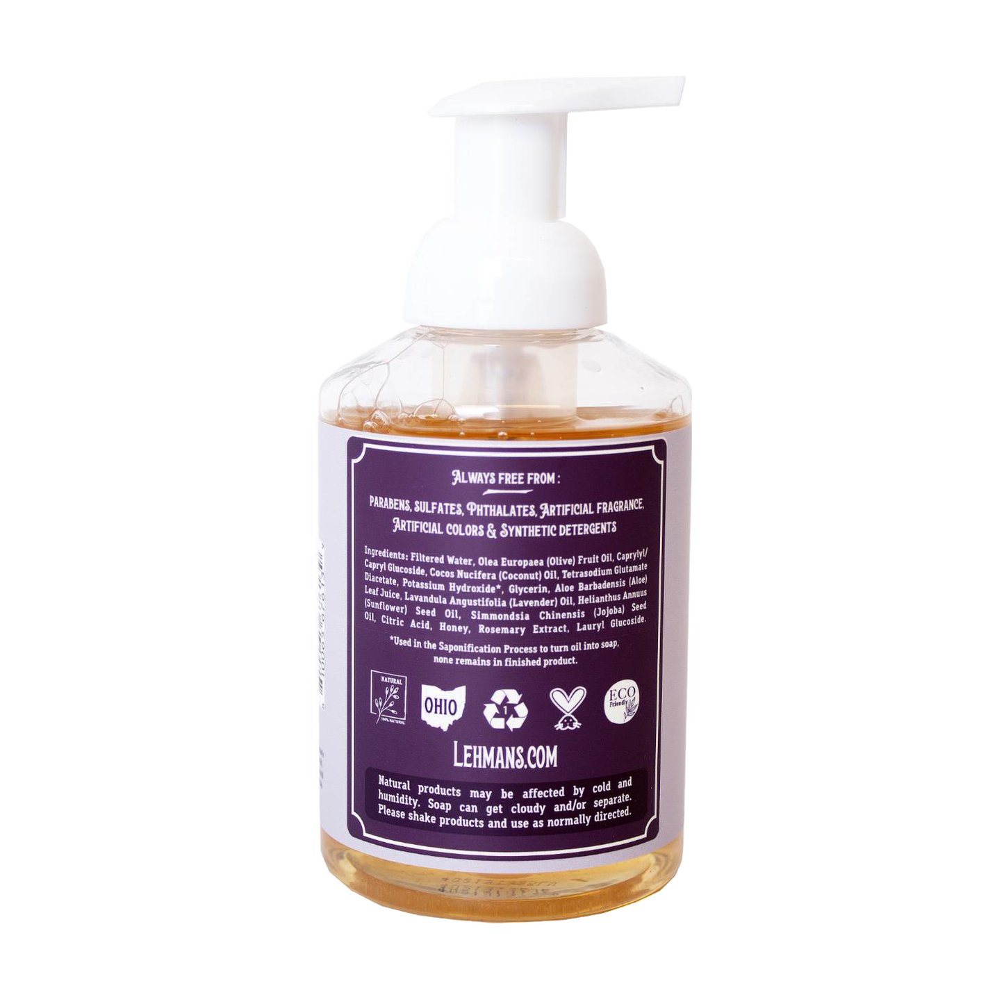 Clear pump bottle showing the back label of Lehman's handcrafted moisturizing foaming hand soap with natural ingredients and eco-friendly certifications, made in USA, suitable for Health & Wellness, Grooming and Personal Hygiene, Soaps and Soapmaking collections.