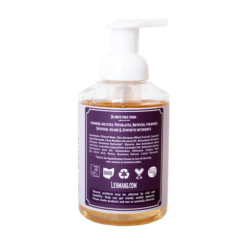 Clear pump bottle showing the back label of Lehman's handcrafted moisturizing foaming hand soap with natural ingredients and eco-friendly certifications, made in USA, suitable for Health & Wellness, Grooming and Personal Hygiene, Soaps and Soapmaking collections.