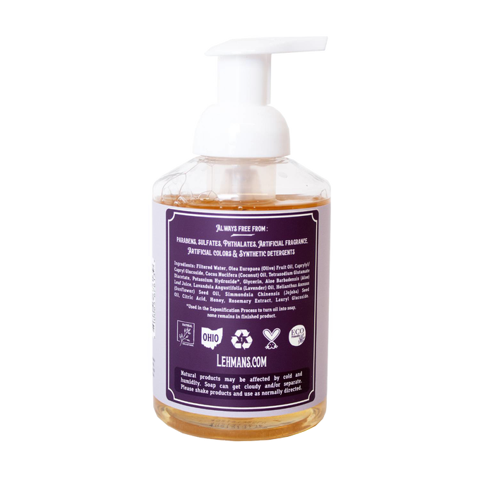 Clear pump bottle showing the back label of Lehman's handcrafted moisturizing foaming hand soap with natural ingredients and eco-friendly certifications, made in USA, suitable for Health & Wellness, Grooming and Personal Hygiene, Soaps and Soapmaking collections.