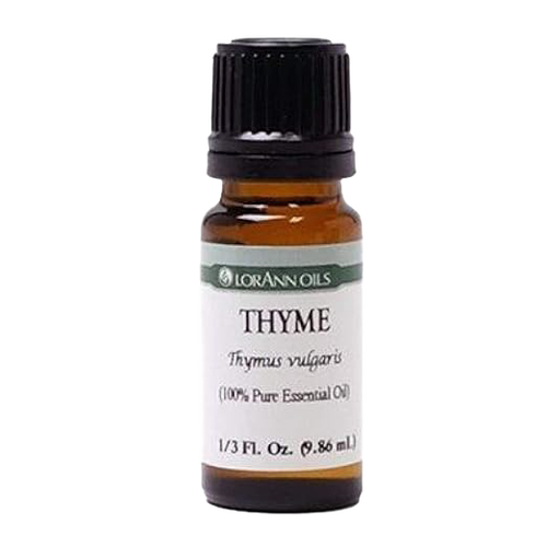 Amber glass bottle with black cap containing pure thyme essential oil, handcrafted and quality tested for aromatherapy, health remedies, soapmaking, and candlemaking uses.
