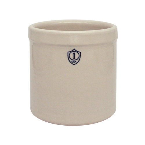 Handcrafted 1 gallon stoneware crock with stamped number, made in USA, ideal for food preservation, fermenting, pickling, and featured in Home & Decor and Kitchen & Food collections.