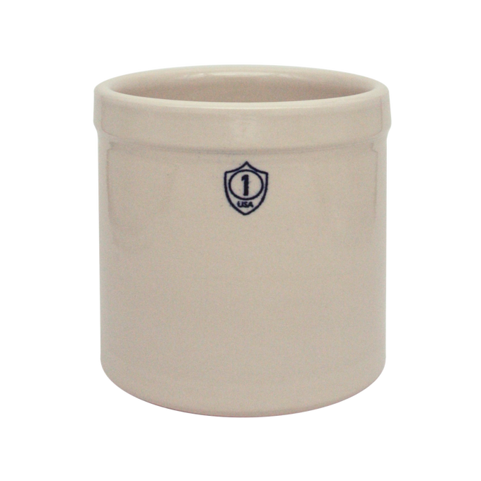 Handcrafted 1 gallon stoneware crock with stamped number, made in USA, ideal for food preservation, fermenting, pickling, and featured in Home & Decor and Kitchen & Food collections.