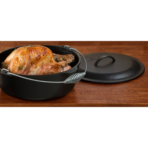 Pre-seasoned Lodge Logic Cast Iron Classic Dutch Oven with spiral bail handle and self-basting lid, showing a perfectly roasted whole chicken, ideal for Kitchen & Food, Cookware, Cast Iron, USA Made, Best Sellers, Promo Eligible collections.
