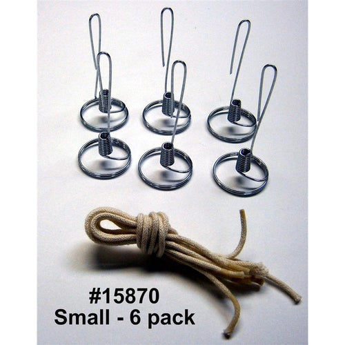 Six handcrafted steel wick holders paired with a bundle of braided cotton wicks, designed for smaller votive jars, showcasing handmade, USA made oil lamp parts in Lamps & Lighting and Olive Oil Lamps collections.