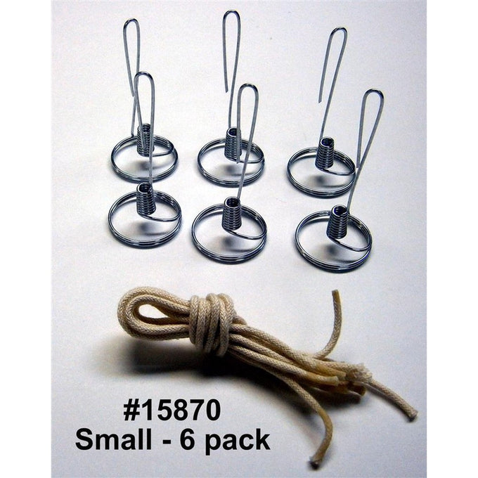 Six handcrafted steel wick holders paired with a bundle of braided cotton wicks, designed for smaller votive jars, showcasing handmade, USA made oil lamp parts in Lamps & Lighting and Olive Oil Lamps collections.