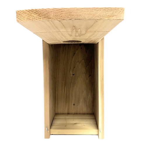 Handcrafted nest box made in the USA from unfinished kiln-dried cedar with front access for easy cleaning, designed for farm, garden, and outdoor bird shelter use.