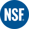 Blue circular NSF certification logo with bold white letters, representing verified standards for quality and safety in water filtration and related appliances collections.