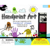 Children's arts and crafts kit featuring colorful handprint stamps, watercolor paints, ink pads, and drawing tools, designed to inspire creativity in young artists.