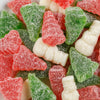 Assortment of handcrafted, sugar-coated red, green, and white Christmas gummies shaped like trees and snowmen, made in USA, featured in Kitchen & Food, Snacks and Sweets, Candy, USA Made, Best Sellers, and Promo Eligible collections.