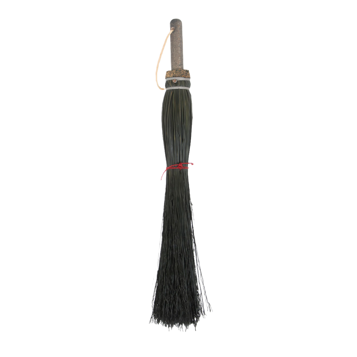 Handcrafted Amish fireplace hand broom made of natural corn straw with a wooden handle and leather hanging loop, designed for precise hearth cleaning, USA made, Amish made.