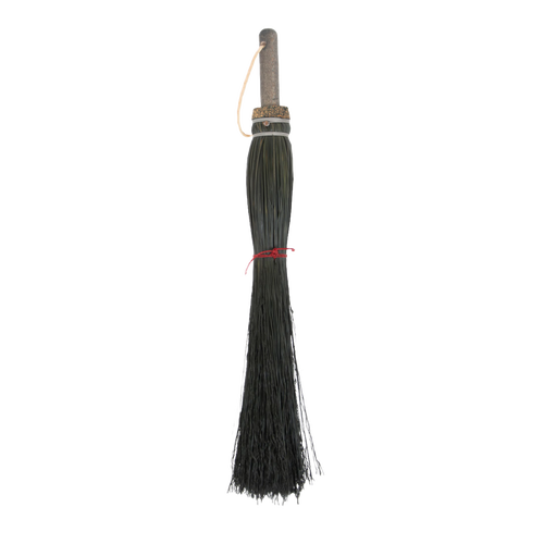 Handcrafted Amish fireplace hand broom made of natural corn straw with a wooden handle and leather hanging loop, designed for precise hearth cleaning, USA made, Amish made.
