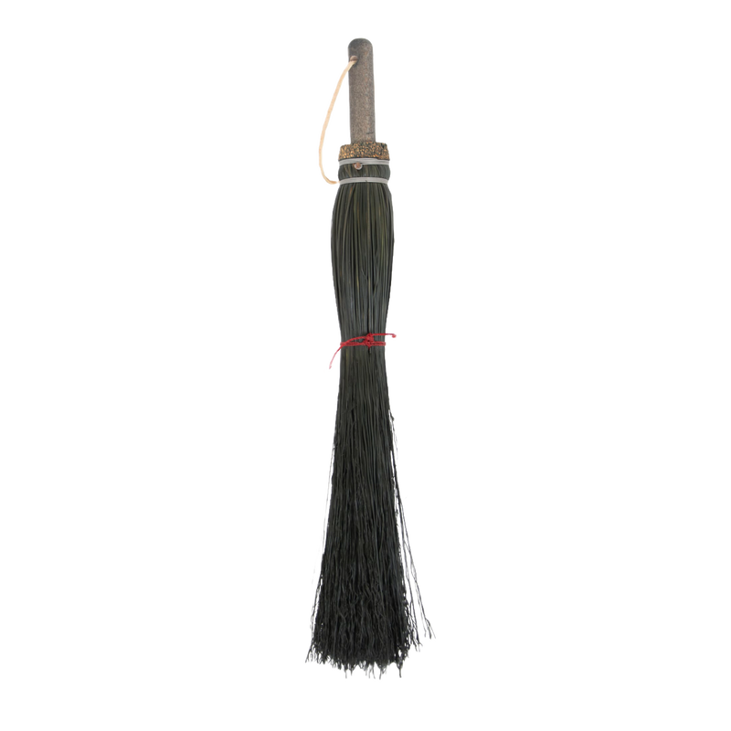 Handcrafted Amish fireplace hand broom made of natural corn straw with a wooden handle and leather hanging loop, designed for precise hearth cleaning, USA made, Amish made.