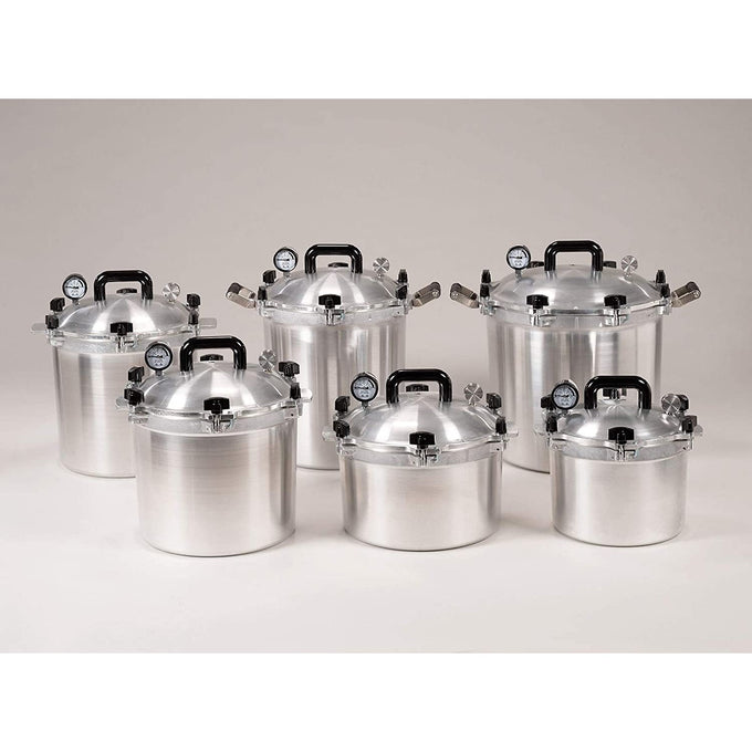 Collection of handcrafted heavy-duty aluminum pressure canners with black handles and built-in pressure gauges, perfect for safe food preservation in Farm, Garden & Tool and Kitchen & Food collections.