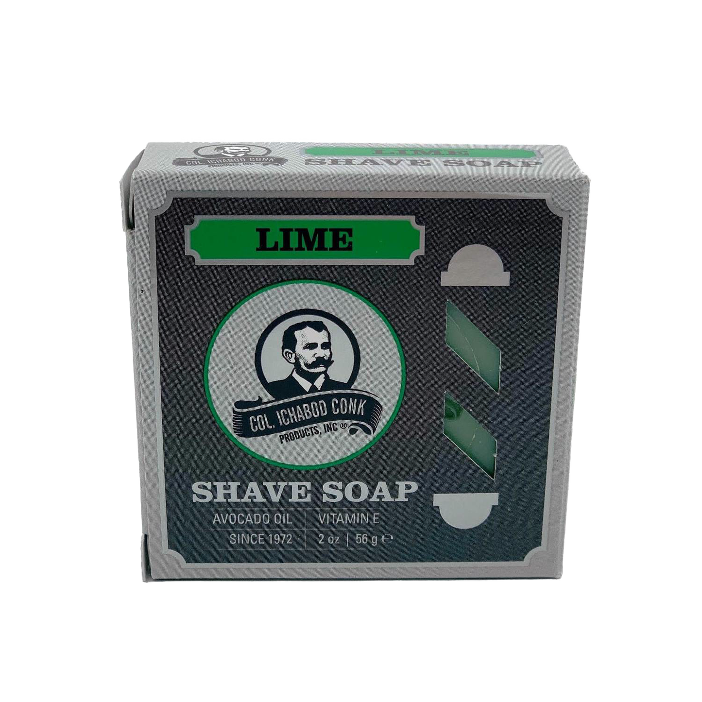 Square box of lime-scented shaving soap featuring branding with avocado oil and vitamin E, part of Health & Wellness, Grooming and Personal Hygiene, Soaps and Soapmaking, USA Made, Best Sellers, and Promo Eligible collections.