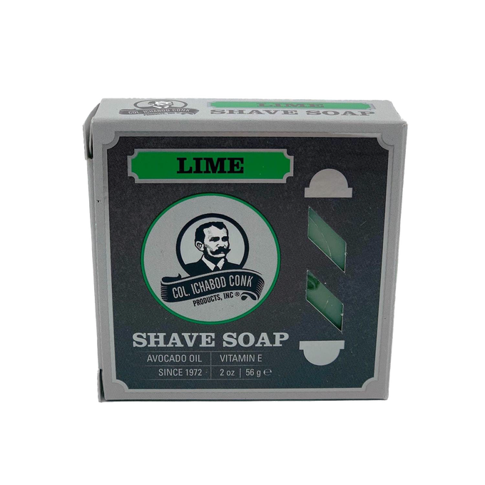 Square box of lime-scented shaving soap featuring branding with avocado oil and vitamin E, part of Health & Wellness, Grooming and Personal Hygiene, Soaps and Soapmaking, USA Made, Best Sellers, and Promo Eligible collections.