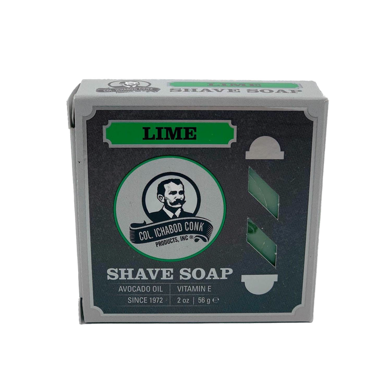 Square box of lime-scented shaving soap featuring branding with avocado oil and vitamin E, part of Health & Wellness, Grooming and Personal Hygiene, Soaps and Soapmaking, USA Made, Best Sellers, and Promo Eligible collections.