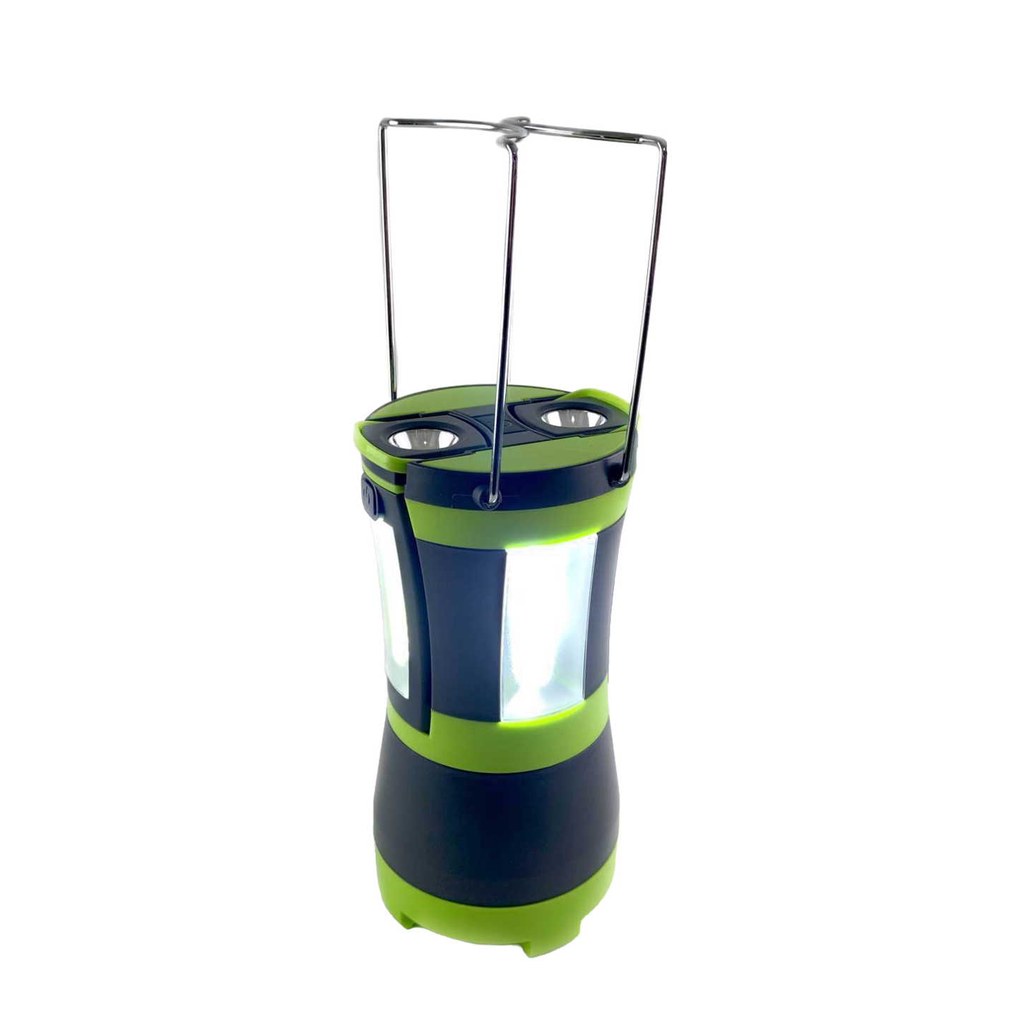 Black and green LED lantern with foldable metal handles and bright white light, designed for versatile use in camping, emergency supplies, and outdoor lighting collections.