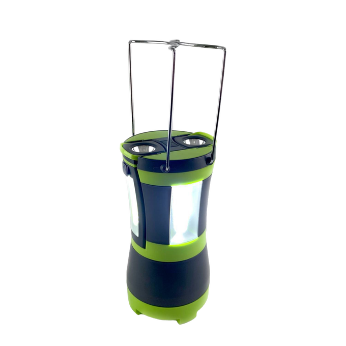Black and green LED lantern with foldable metal handles and bright white light, designed for versatile use in camping, emergency supplies, and outdoor lighting collections.