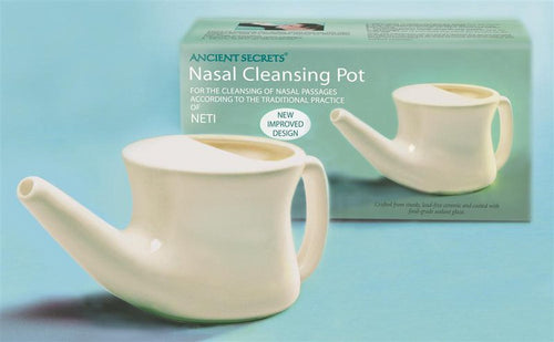 Cream-colored nasal cleansing pot with a smooth finish, displayed with its packaging, ideal for natural health remedies in Health & Wellness and Best Sellers collections.