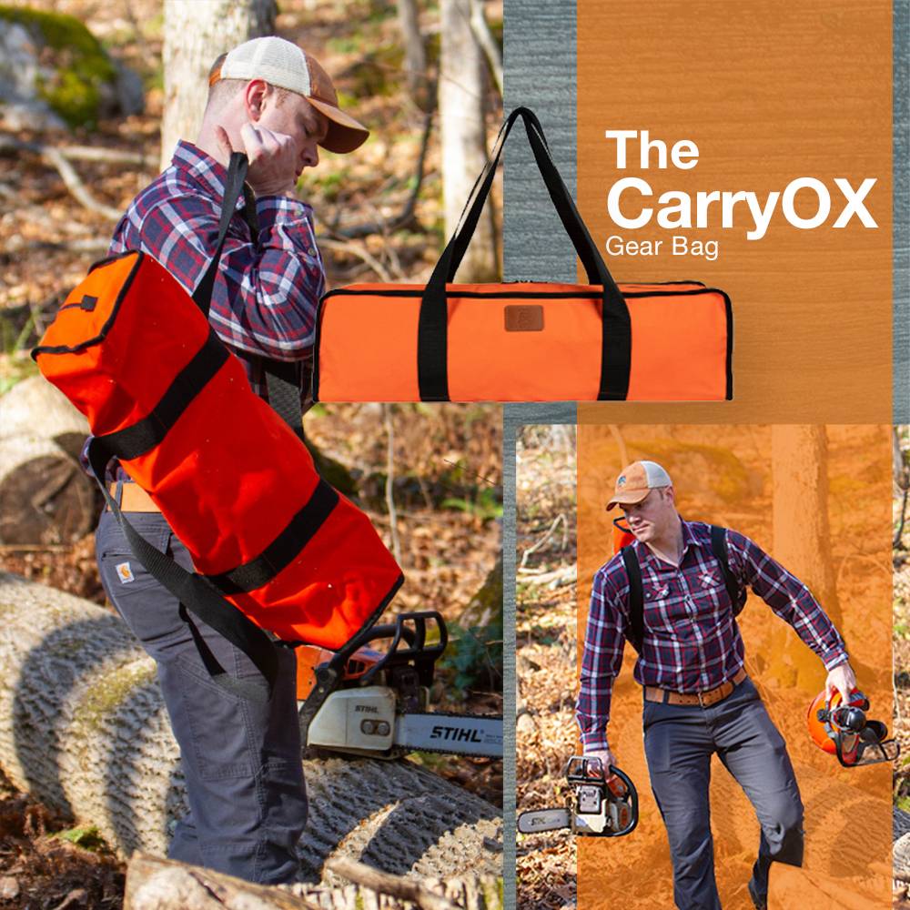 Man carrying bright orange CarryOX gear bag over shoulder while standing near stacked logs outdoors, paired with images showing durable forestry tool storage, featured for Farm, Garden & Tool, Wood Cutting and Hauling, USA Made, Best Sellers, and Promo Eligible collections.