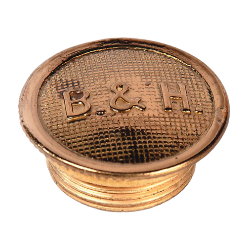 Polished brass filler cap with embossed B&H logo, designed for oil lamps; durable accessory ideal for Lamps & Lighting, Parts and Accessories, and Lamp Burners and Collars collections.
