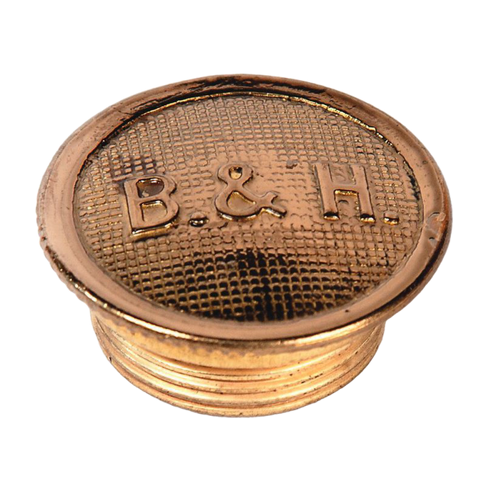 Polished brass filler cap with embossed B&H logo, designed for oil lamps; durable accessory ideal for Lamps & Lighting, Parts and Accessories, and Lamp Burners and Collars collections.