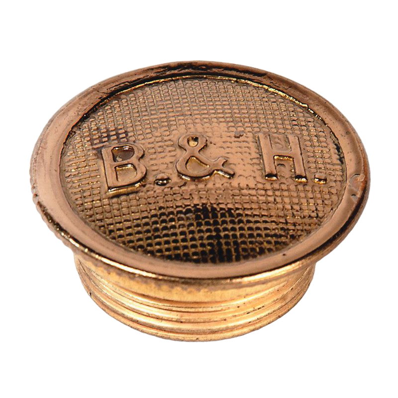 Polished brass filler cap with embossed B&H logo, designed for oil lamps; durable accessory ideal for Lamps & Lighting, Parts and Accessories, and Lamp Burners and Collars collections.