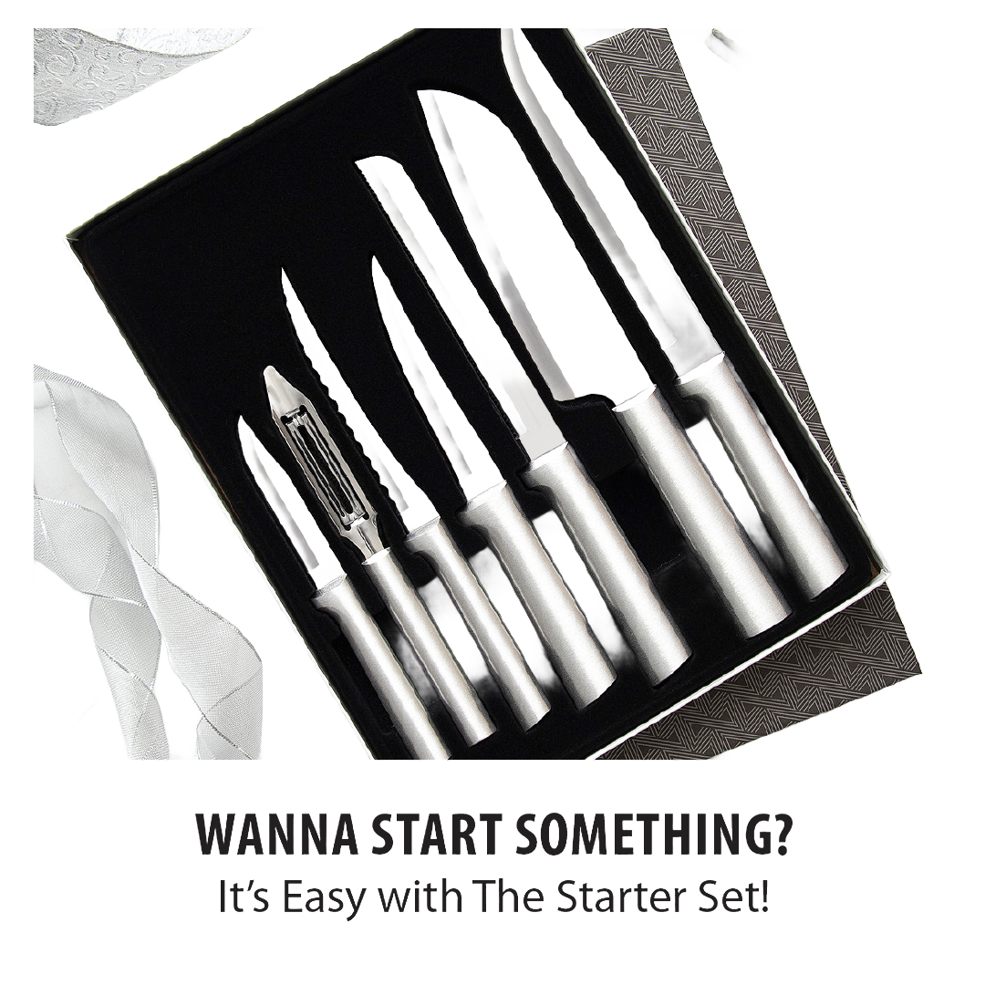 Seven-piece stainless steel kitchen knife and peeler set with sleek silver handles, designed for versatile food preparation, handcrafted and made in USA, featured in Farm, Garden & Tool and Kitchen & Food collections.