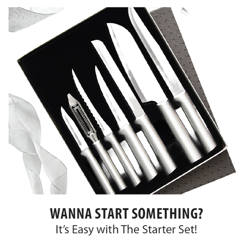 Seven-piece stainless steel kitchen knife and peeler set with sleek silver handles, designed for versatile food preparation, handcrafted and made in USA, featured in Farm, Garden & Tool and Kitchen & Food collections.