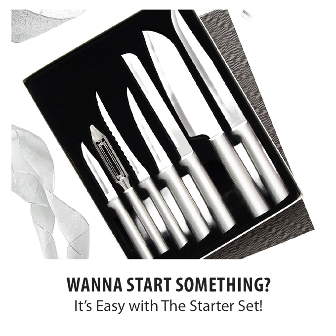 Seven-piece stainless steel kitchen knife and peeler set with sleek silver handles, designed for versatile food preparation, handcrafted and made in USA, featured in Farm, Garden & Tool and Kitchen & Food collections.
