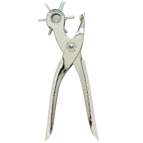 Nickel-plated revolving punch tool with six hardened steel hole sizes, spring-loaded self-opening design, handcrafted in USA, featured in Farm, Garden & Tool and Hand Tools collections.