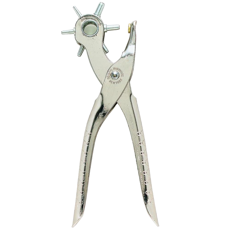 Nickel-plated revolving punch tool with six hardened steel hole sizes, spring-loaded self-opening design, handcrafted in USA, featured in Farm, Garden & Tool and Hand Tools collections.