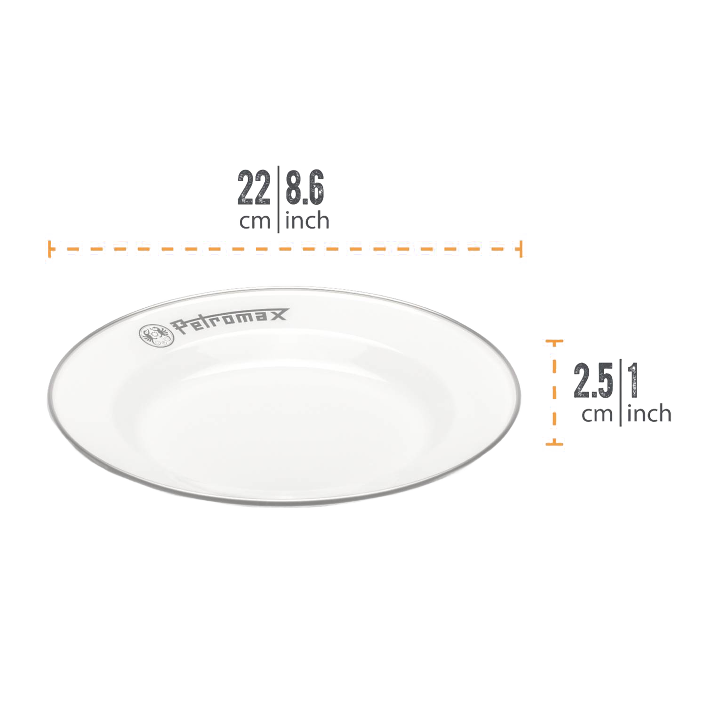 Lightweight and sturdy white enamel camping plate with durable fired surface and subtle logo, ideal for outdoor dining in Farm, Garden & Tool, Kitchen & Food, Camping, Dinnerware, Best Sellers, and Promo Eligible collections.
