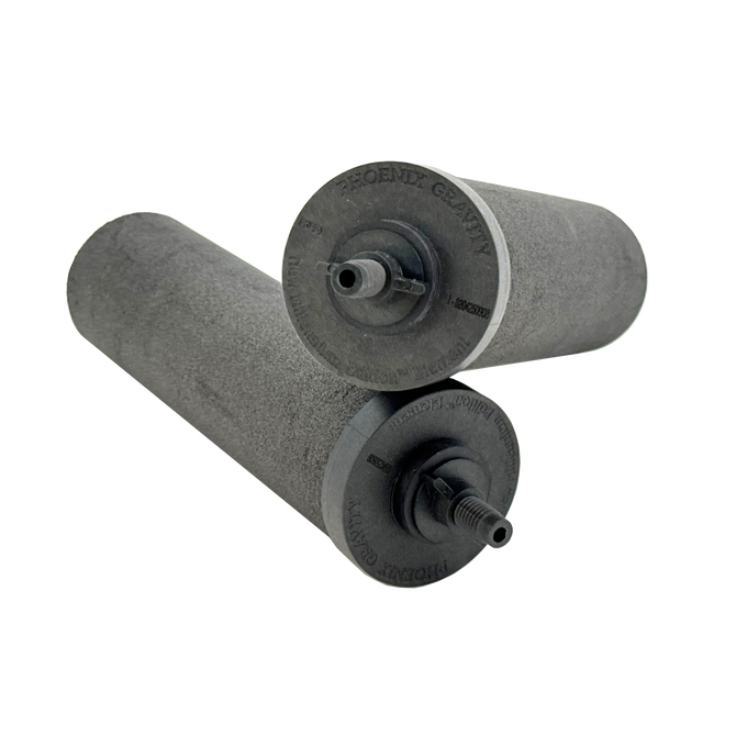 Pair of gray cylindrical synthetic water filter elements with black end caps designed for use in Appliances, Water Heating and Treatment, Berkey Water Filters, Best Sellers, and Promo Eligible collections.