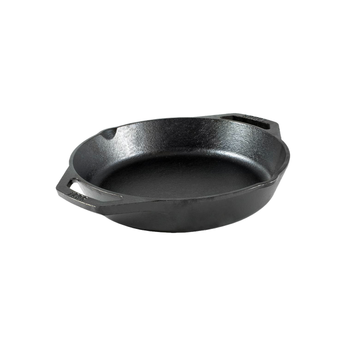 Round cast iron pan with short side handles, crafted for versatile cooking methods, included in Kitchen & Food, Cookware, Cast Iron, Best Sellers, and Promo Eligible collections.