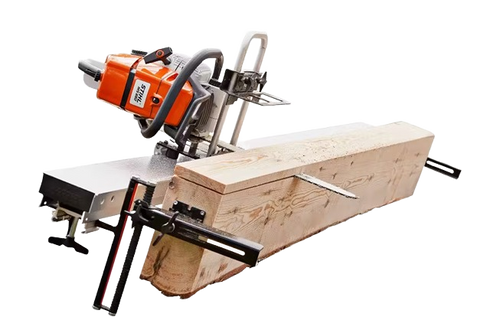 Portable chainsaw mill setup with guide rails cutting a large timber beam, ideal for precision woodworking in Farm, Garden & Tool and Wood Cutting collections.