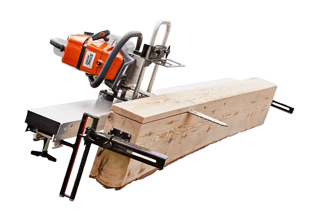 Portable chainsaw mill setup with guide rails cutting a large timber beam, ideal for precision woodworking in Farm, Garden & Tool and Wood Cutting collections.
