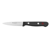 Sleek paring knife with a sharp spear point blade and ergonomic black handle featuring three rivets, ideal for detailed kitchen prep tasks in cooking and food collections.