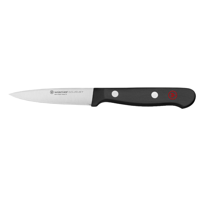 Sleek paring knife with a sharp spear point blade and ergonomic black handle featuring three rivets, ideal for detailed kitchen prep tasks in cooking and food collections.