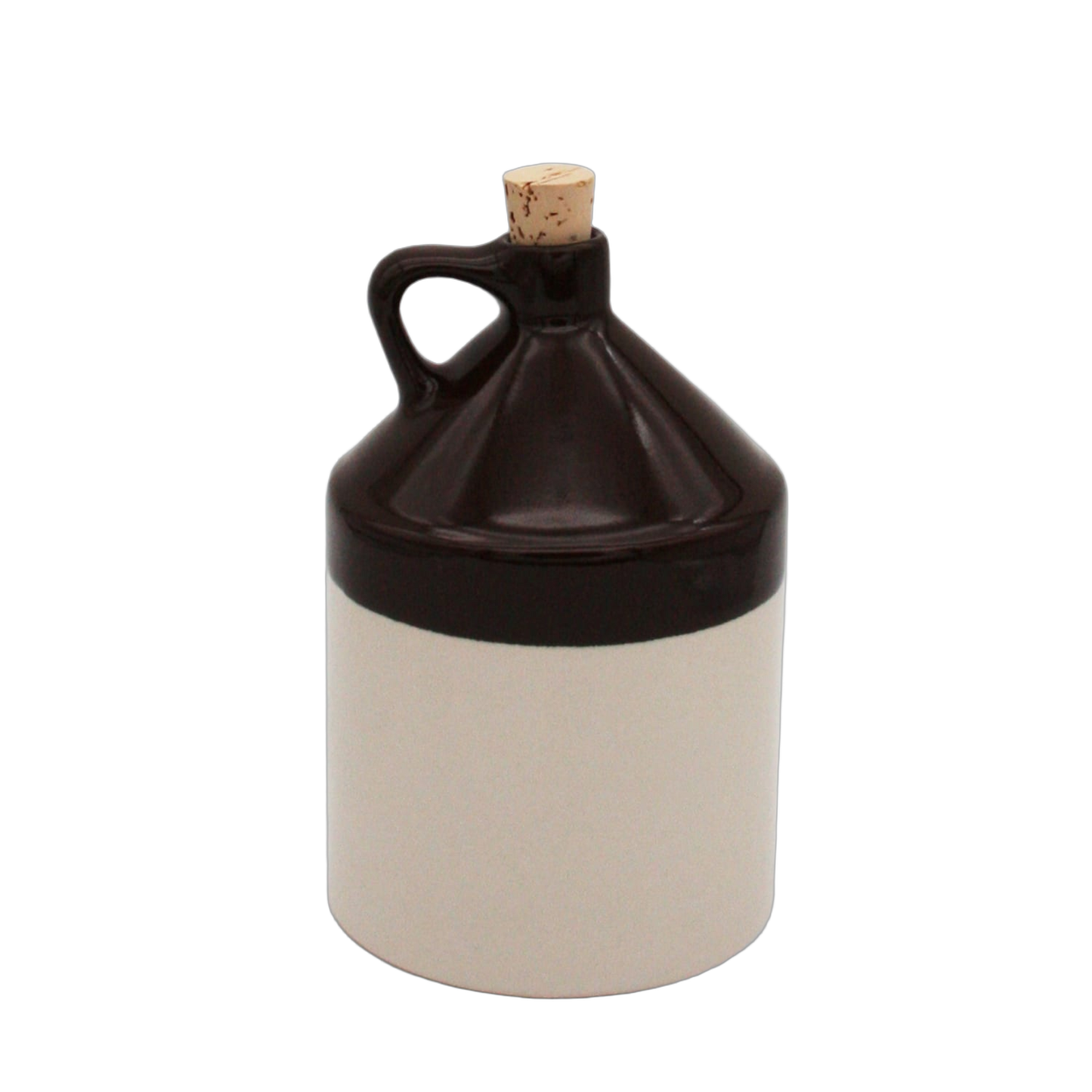 Handcrafted stoneware jug with handle and cork stopper in two-tone brown and cream glaze, made in USA, perfect for Kitchen & Food, Storage and Serving, Best Sellers, and Promo Eligible collections.