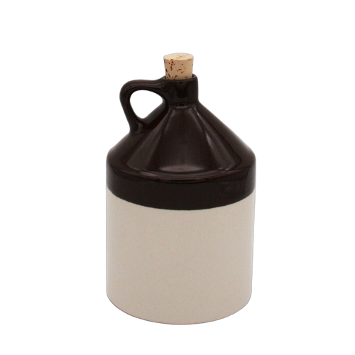 Handcrafted stoneware jug with handle and cork stopper in two-tone brown and cream glaze, made in USA, perfect for Kitchen & Food, Storage and Serving, Best Sellers, and Promo Eligible collections.