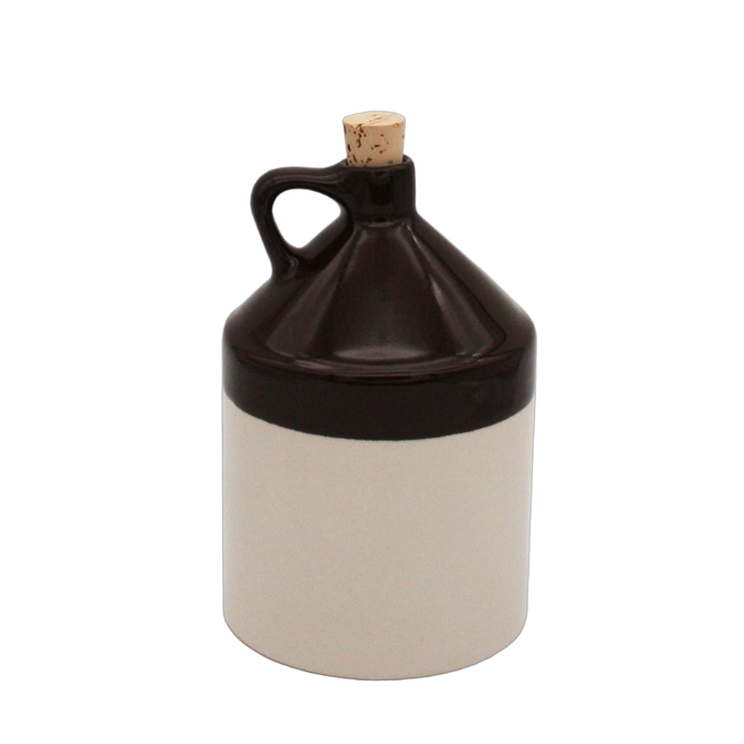 Handcrafted stoneware jug with handle and cork stopper in two-tone brown and cream glaze, made in USA, perfect for Kitchen & Food, Storage and Serving, Best Sellers, and Promo Eligible collections.