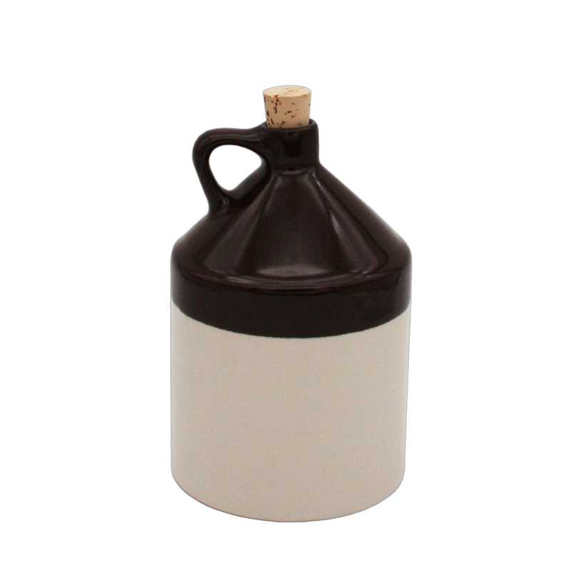 Handcrafted stoneware jug with handle and cork stopper in two-tone brown and cream glaze, made in USA, perfect for Kitchen & Food, Storage and Serving, Best Sellers, and Promo Eligible collections.