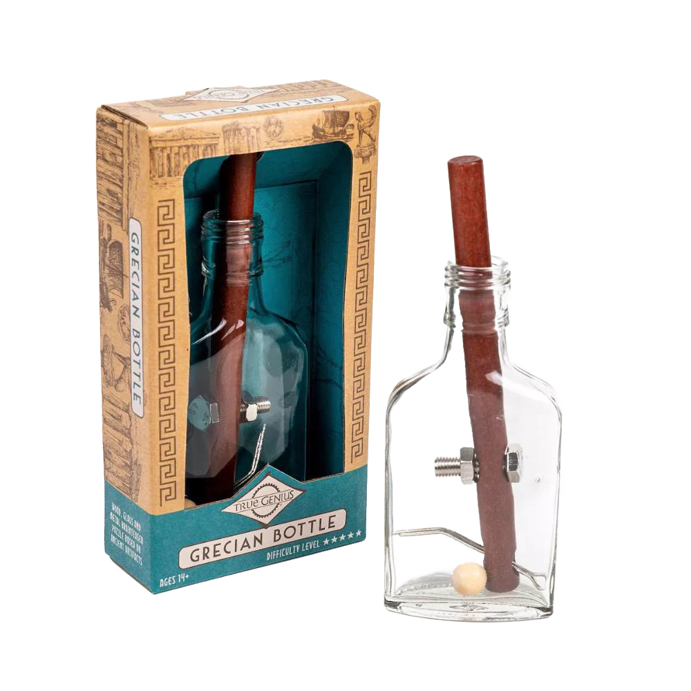 Handcrafted brainteaser puzzle featuring a clear glass bottle with a wooden rod, metal pin, bolt, nut, screw, and wooden ball, challenging players in Toys, Puzzles, and Best Sellers collections.