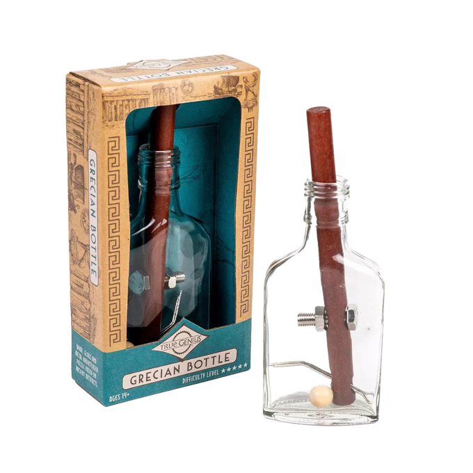 Handcrafted brainteaser puzzle featuring a clear glass bottle with a wooden rod, metal pin, bolt, nut, screw, and wooden ball, challenging players in Toys, Puzzles, and Best Sellers collections.