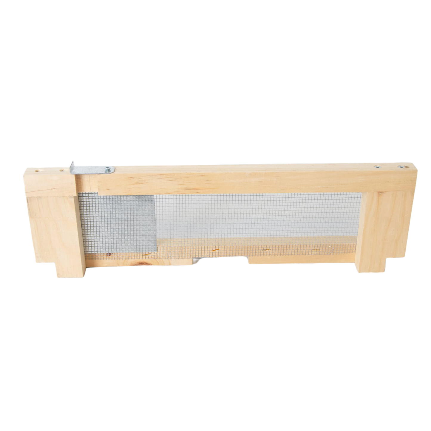 Handcrafted Amish made wooden frame with metal mesh robbing screen and adjustable latches, designed to protect beehives from robbers and drifter bees in farm and garden settings.