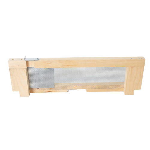 Handcrafted Amish made wooden frame with metal mesh robbing screen and adjustable latches, designed to protect beehives from robbers and drifter bees in farm and garden settings.