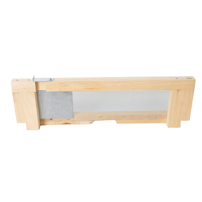 Handcrafted Amish made wooden frame with metal mesh robbing screen and adjustable latches, designed to protect beehives from robbers and drifter bees in farm and garden settings.