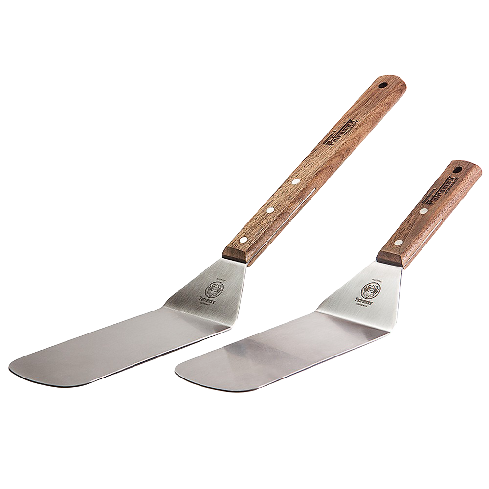 Two flexible spatulas with broad polished stainless steel blades and sturdy wooden handles with visible rivets, designed for grilling and kitchen tasks in Kitchen & Food, Stoves, and Cooking Helpers collections.