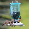 Handcrafted tinted-blue glass feeder jar with metal base and feeding ports, filled with black oil sunflower seeds, attracting small wild birds, featured in Farm, Garden & Tool and Animal Care collections.